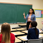 ** A diverse group of students actively participating in a classroom debate, with a textbook open in front of them. The scene should convey critical thinking, collaboration, and engagement. Consider adding elements that suggest inclusivity and accessibility for all learners.

**