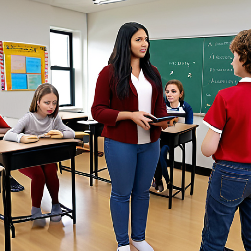 A dynamic and bright modern classroom where a diverse group of students are deeply engaged in personalized learning using tablets and holographic interfaces. A calm and supportive teacher stands among them, guiding rather than lecturing. Subtle visual cues of Artificial Intelligence, such as glowing data streams or adaptive learning pathways, flow around the students, illustrating how AI assists in tailoring education. The scene conveys innovation, efficient learning, and a positive teacher-AI partnership.
