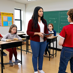 A dynamic and bright modern classroom where a diverse group of students are deeply engaged in personalized learning using tablets and holographic interfaces. A calm and supportive teacher stands among them, guiding rather than lecturing. Subtle visual cues of Artificial Intelligence, such as glowing data streams or adaptive learning pathways, flow around the students, illustrating how AI assists in tailoring education. The scene conveys innovation, efficient learning, and a positive teacher-AI partnership.