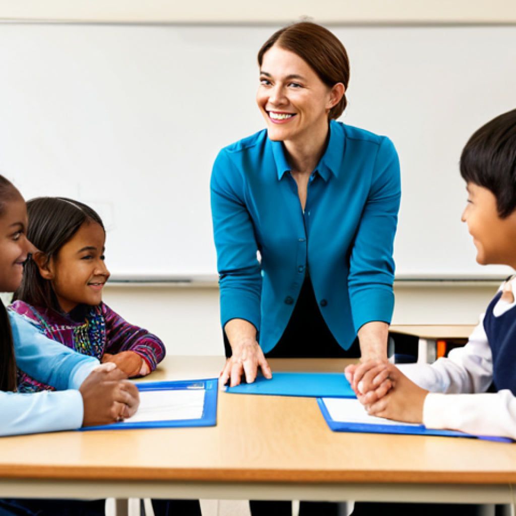 A professional female teacher, dressed in a modest business casual outfit, interacts warmly with a diverse group of elementary school students in a brightly lit, modern classroom. She is facilitating a collaborative learning activity, with students engaged around a table using age-appropriate learning tools. The atmosphere is positive and encouraging. The image emphasizes learning through engagement and emotional intelligence. Fully clothed, appropriate attire, safe for work, perfect anatomy, correct proportions, natural pose, professional photography, high quality, well-formed hands, proper finger count, natural body proportions, professional, modest, family-friendly, appropriate content.