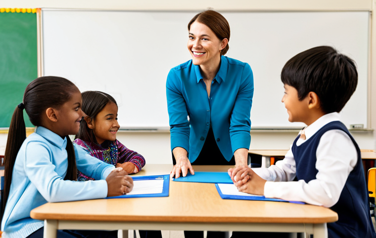 A professional female teacher, dressed in a modest business casual outfit, interacts warmly with a diverse group of elementary school students in a brightly lit, modern classroom. She is facilitating a collaborative learning activity, with students engaged around a table using age-appropriate learning tools. The atmosphere is positive and encouraging. The image emphasizes learning through engagement and emotional intelligence. Fully clothed, appropriate attire, safe for work, perfect anatomy, correct proportions, natural pose, professional photography, high quality, well-formed hands, proper finger count, natural body proportions, professional, modest, family-friendly, appropriate content.