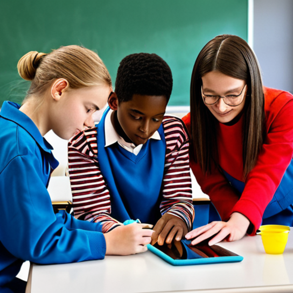 Modern Classroom Project**

"A group of fully clothed, diverse students collaboratively working on a science project in a bright, modern classroom. The project involves digital tablets and hands-on experiments. Appropriate attire, safe for work, perfect anatomy, correct proportions, well-formed hands, natural poses, focus on teamwork and learning, professional school setting, family-friendly."

**