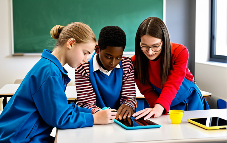Modern Classroom Project**

"A group of fully clothed, diverse students collaboratively working on a science project in a bright, modern classroom. The project involves digital tablets and hands-on experiments. Appropriate attire, safe for work, perfect anatomy, correct proportions, well-formed hands, natural poses, focus on teamwork and learning, professional school setting, family-friendly."

**