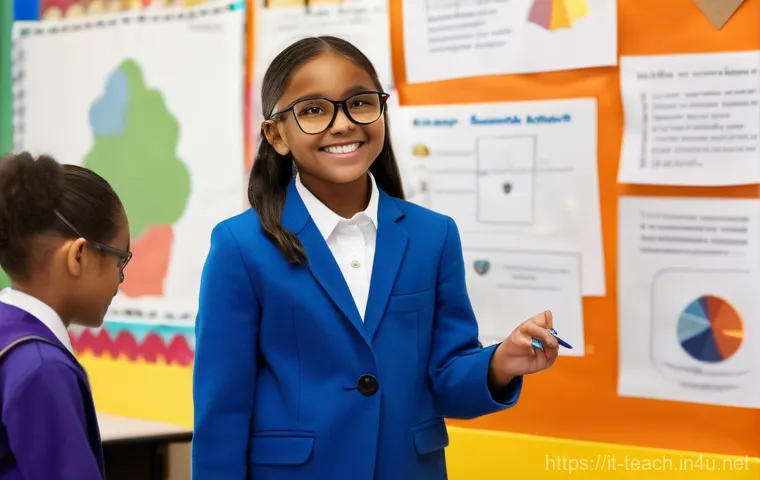 교사 경력기술서 작성법 - A vibrant and modern classroom filled with diverse students, aged 10-12, actively engaged in a hands...