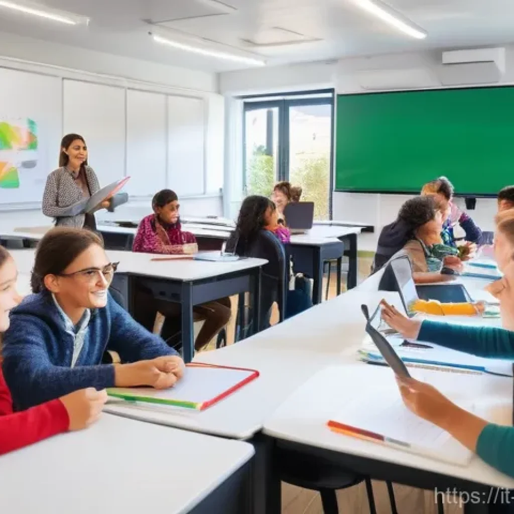 교사 교육 봉사활동 사례 - **Prompt:** A vibrant, sunlit classroom scene where a diverse group of enthusiastic Italian teachers...