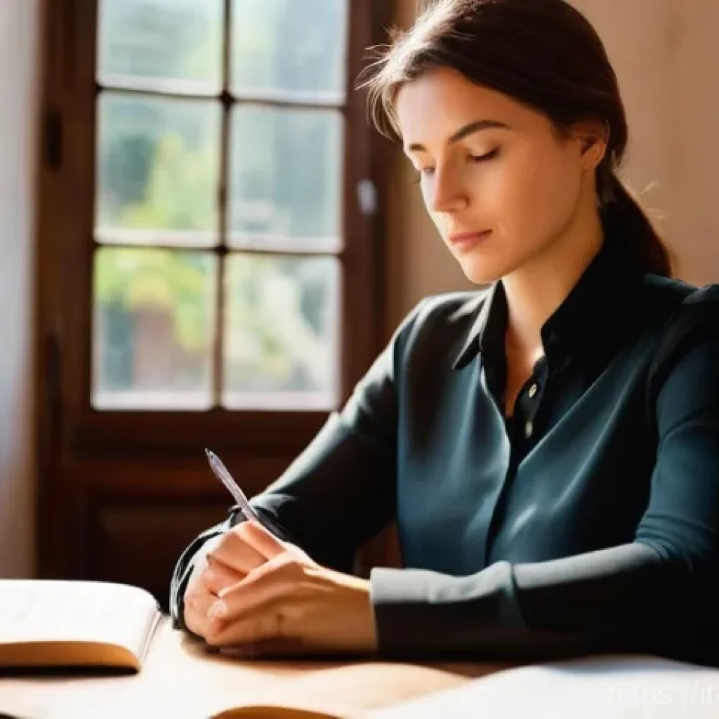 교사 자기 평가 작성법 - **Contemplative Educator's Reflection:** A female teacher in her late 30s, with a serene and thought...