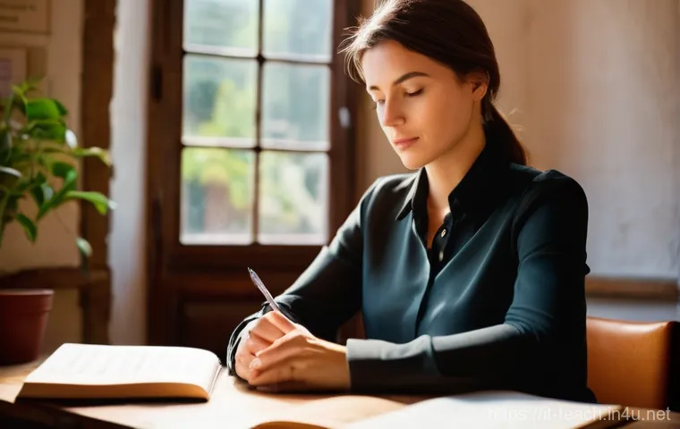 교사 자기 평가 작성법 - **Contemplative Educator's Reflection:** A female teacher in her late 30s, with a serene and thought...