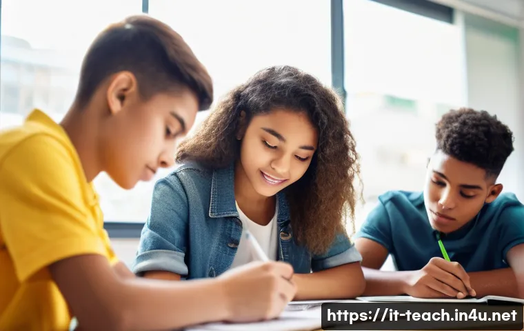 교사 교육철학 작성법 - **Cooperative Learning Group:** A diverse group of four high school students, aged around 15-17, are...