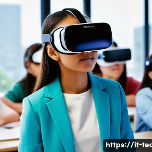 교사 수업 시뮬레이션 방법 - **Prompt:** A focused female teacher in her late 30s wears a sleek, modern VR headset, her expressio...