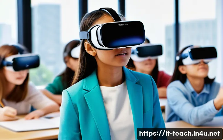 교사 수업 시뮬레이션 방법 - **Prompt:** A focused female teacher in her late 30s wears a sleek, modern VR headset, her expressio...