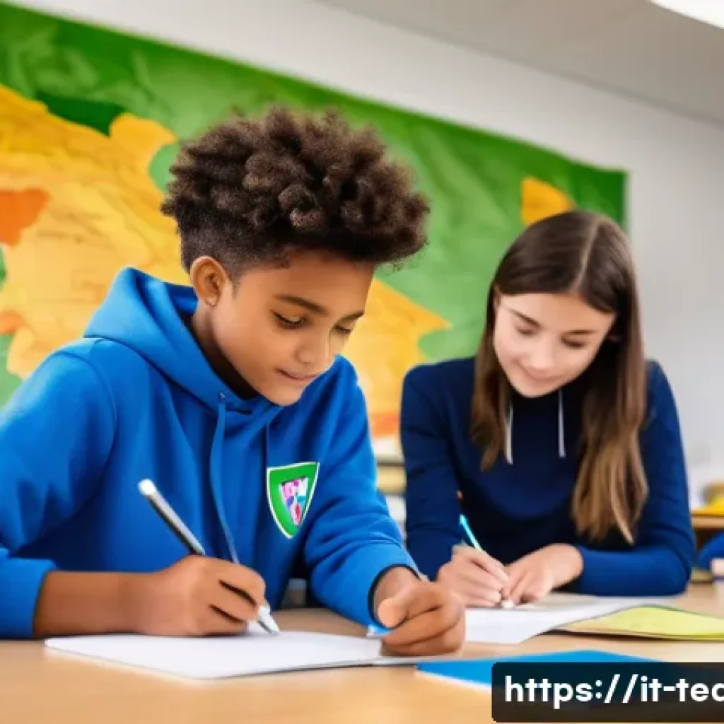 교사 종합 학습 계획 수립법 - A diverse group of Italian middle school students collaborating actively in a bright, modern classro...