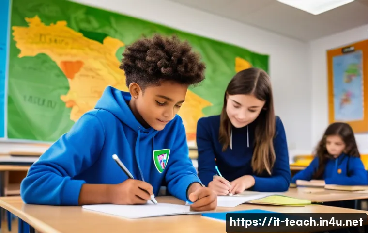 교사 종합 학습 계획 수립법 - A diverse group of Italian middle school students collaborating actively in a bright, modern classro...