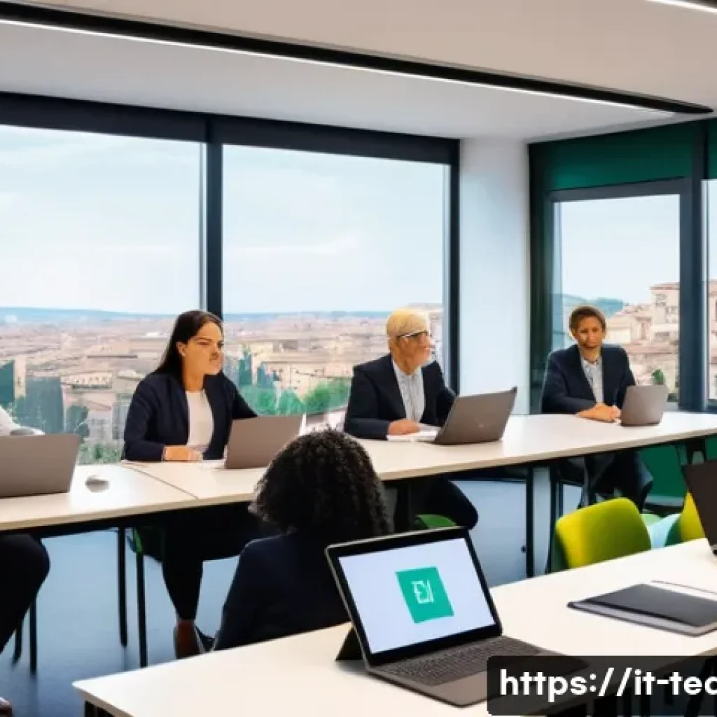 교사 국제 교육 프로그램 참여법 - A professional classroom scene featuring a diverse group of adult educators engaged in a digital tea...