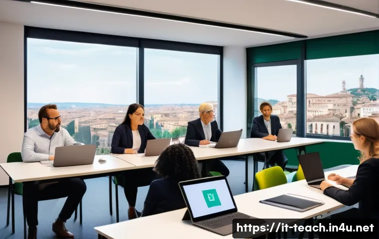 교사 국제 교육 프로그램 참여법 - A professional classroom scene featuring a diverse group of adult educators engaged in a digital tea...