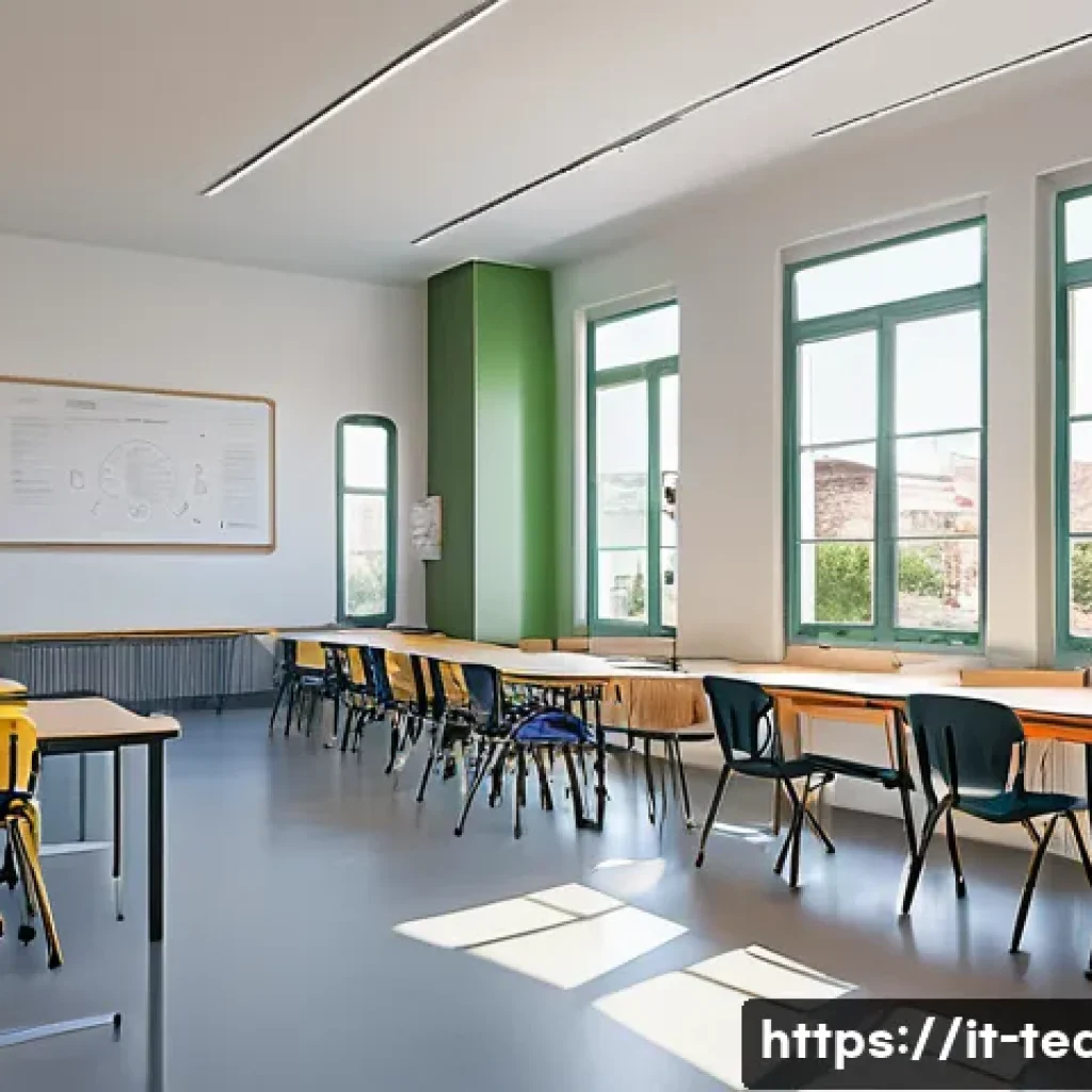 교사 수업 몰입도 높이는 법 - A modern, bright Italian classroom designed for comfort and inclusivity, featuring large windows wit...
