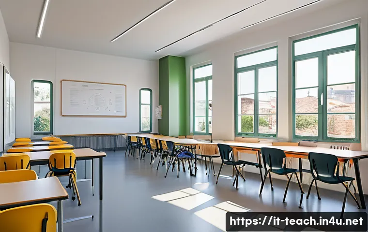 교사 수업 몰입도 높이는 법 - A modern, bright Italian classroom designed for comfort and inclusivity, featuring large windows wit...