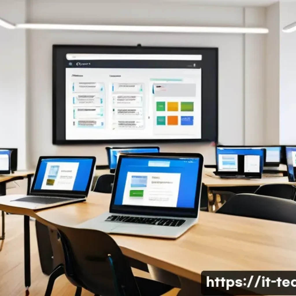 교사 수업 녹화 활용법 - A modern, well-organized digital classroom environment featuring a large computer screen displaying ...