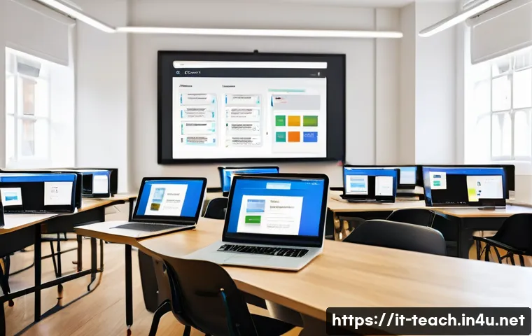 교사 수업 녹화 활용법 - A modern, well-organized digital classroom environment featuring a large computer screen displaying ...