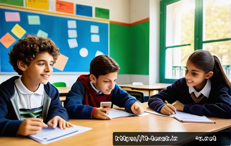 교사 학급 경제 운영법 - A lively classroom scene in an Italian middle school featuring diverse students aged around 12-14 en...