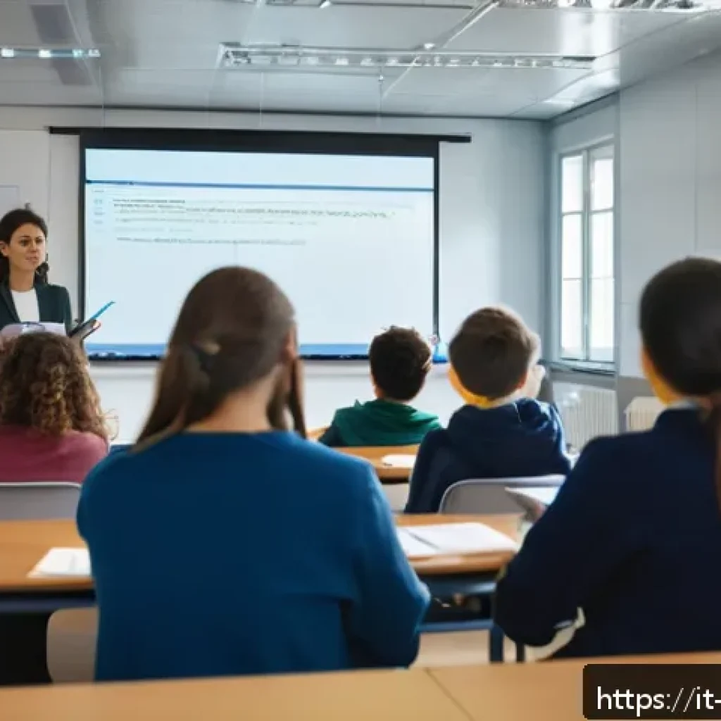 교사 실무 팁과 노하우 - A modern Italian classroom scene showing a female teacher in casual professional attire guiding a di...