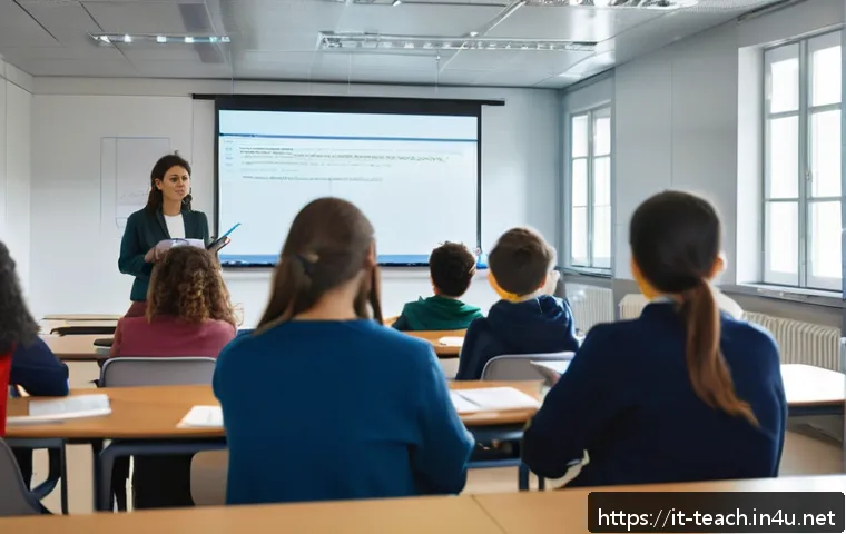 교사 실무 팁과 노하우 - A modern Italian classroom scene showing a female teacher in casual professional attire guiding a di...