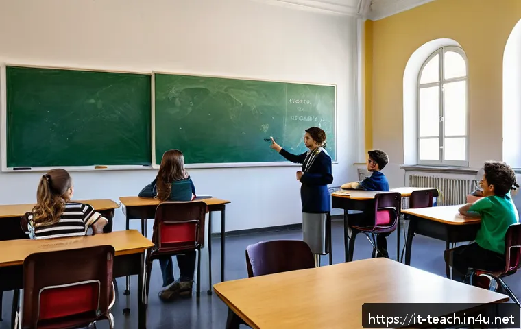 교사 팀 티칭 TT 사례 - A bright, modern Italian middle school classroom in Rome featuring two teachers collaboratively cond...