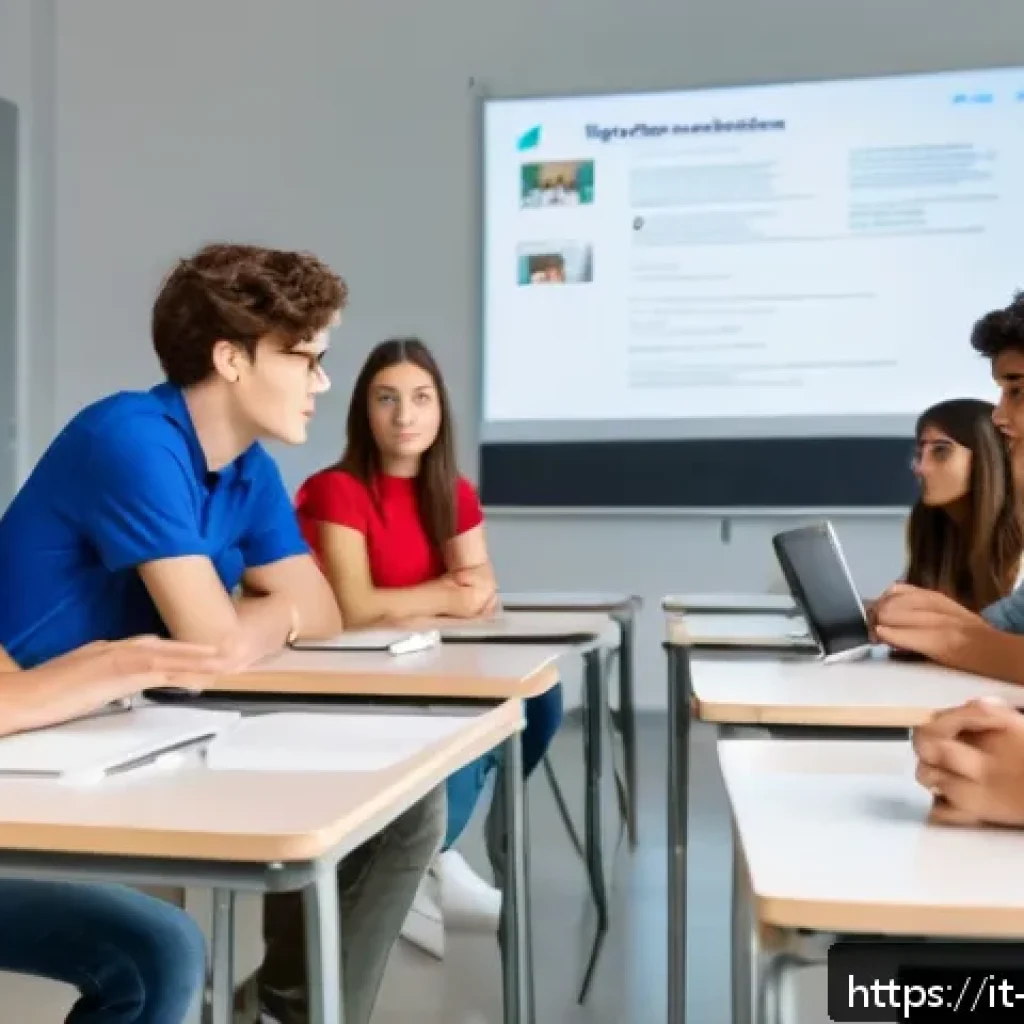 교사 미디어 리터러시 교육 - A modern Italian classroom scene with diverse high school students engaged in a lively discussion ab...