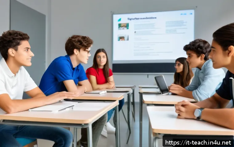 교사 미디어 리터러시 교육 - A modern Italian classroom scene with diverse high school students engaged in a lively discussion ab...