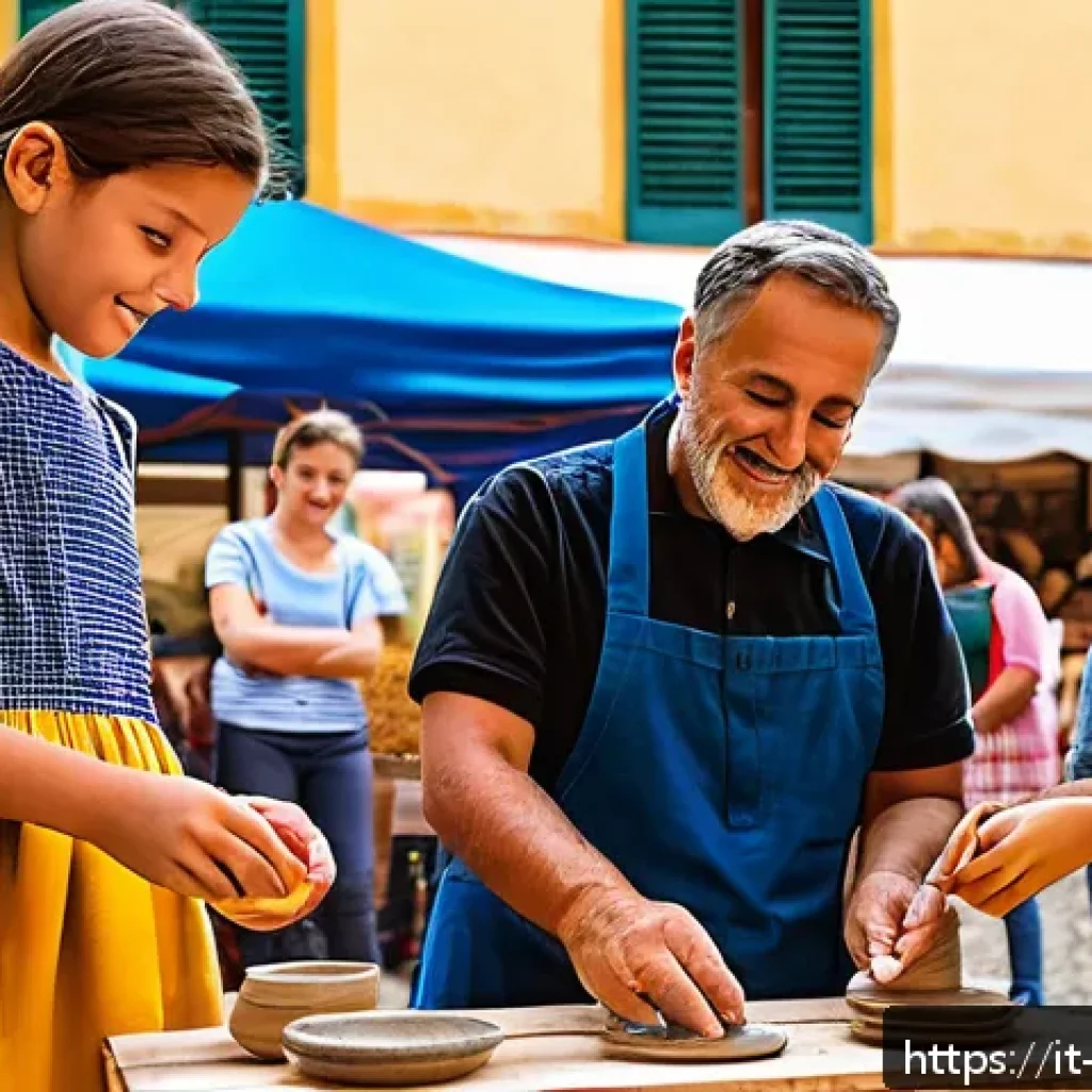 교사 지역사회 교육 프로그램 - A vibrant experiential workshop scene set in a sunny Italian town square, featuring diverse school-a...