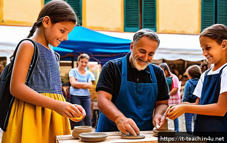 교사 지역사회 교육 프로그램 - A vibrant experiential workshop scene set in a sunny Italian town square, featuring diverse school-a...