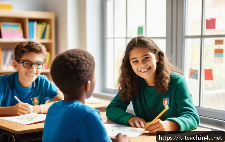 교사 연구 과제 사례 - A bright and modern Italian classroom scene featuring a diverse group of middle school students enga...