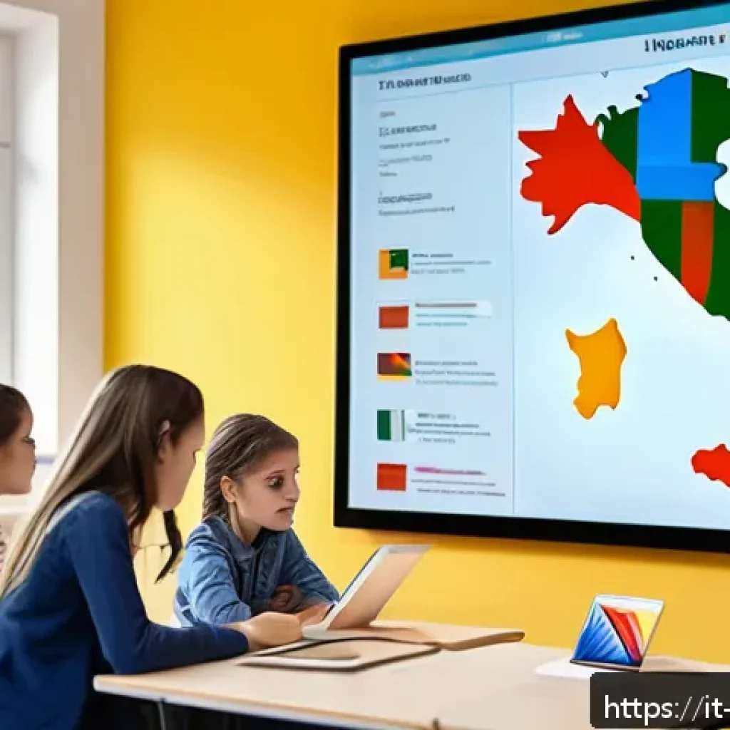 교사 디지털 교재 제작법 - A modern classroom scene in an Italian school with a diverse group of students and a teacher using d...