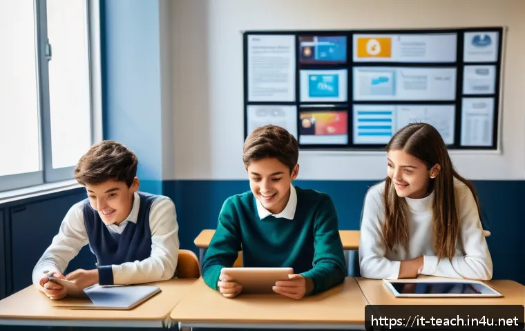 교사 학습 자료 제작법 - A modern classroom scene in Italy featuring a diverse group of teenage students enthusiastically col...